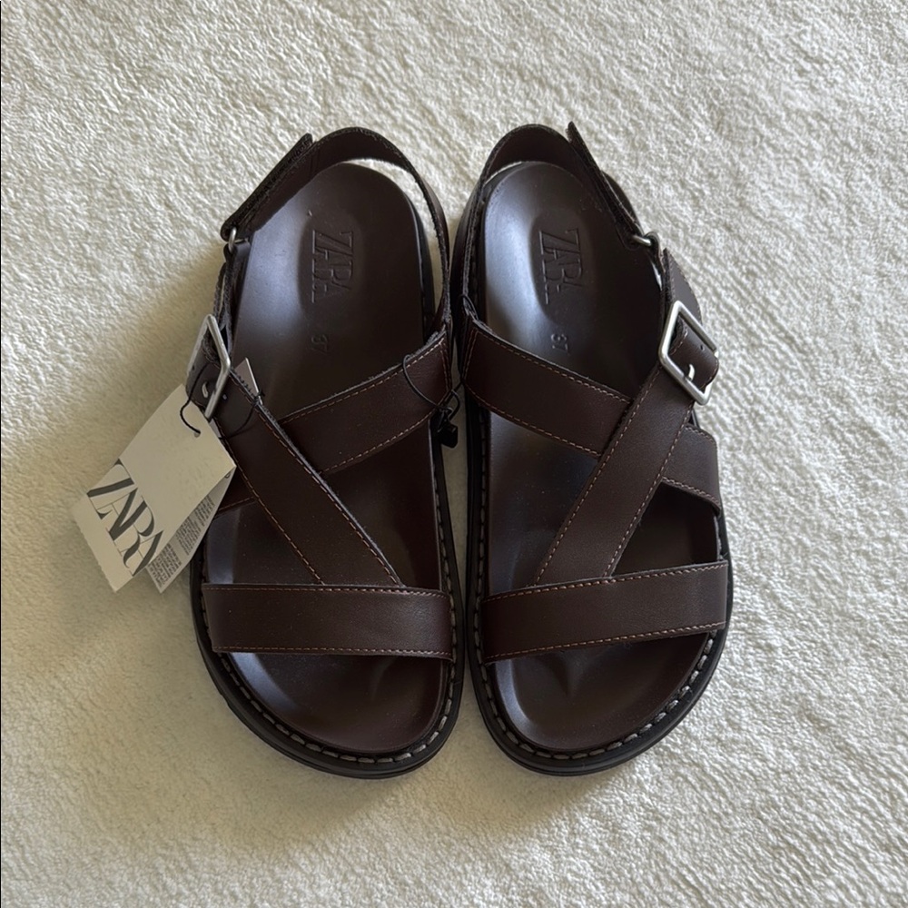 Zara Brown Leather Sandals with Adjustable Buckles